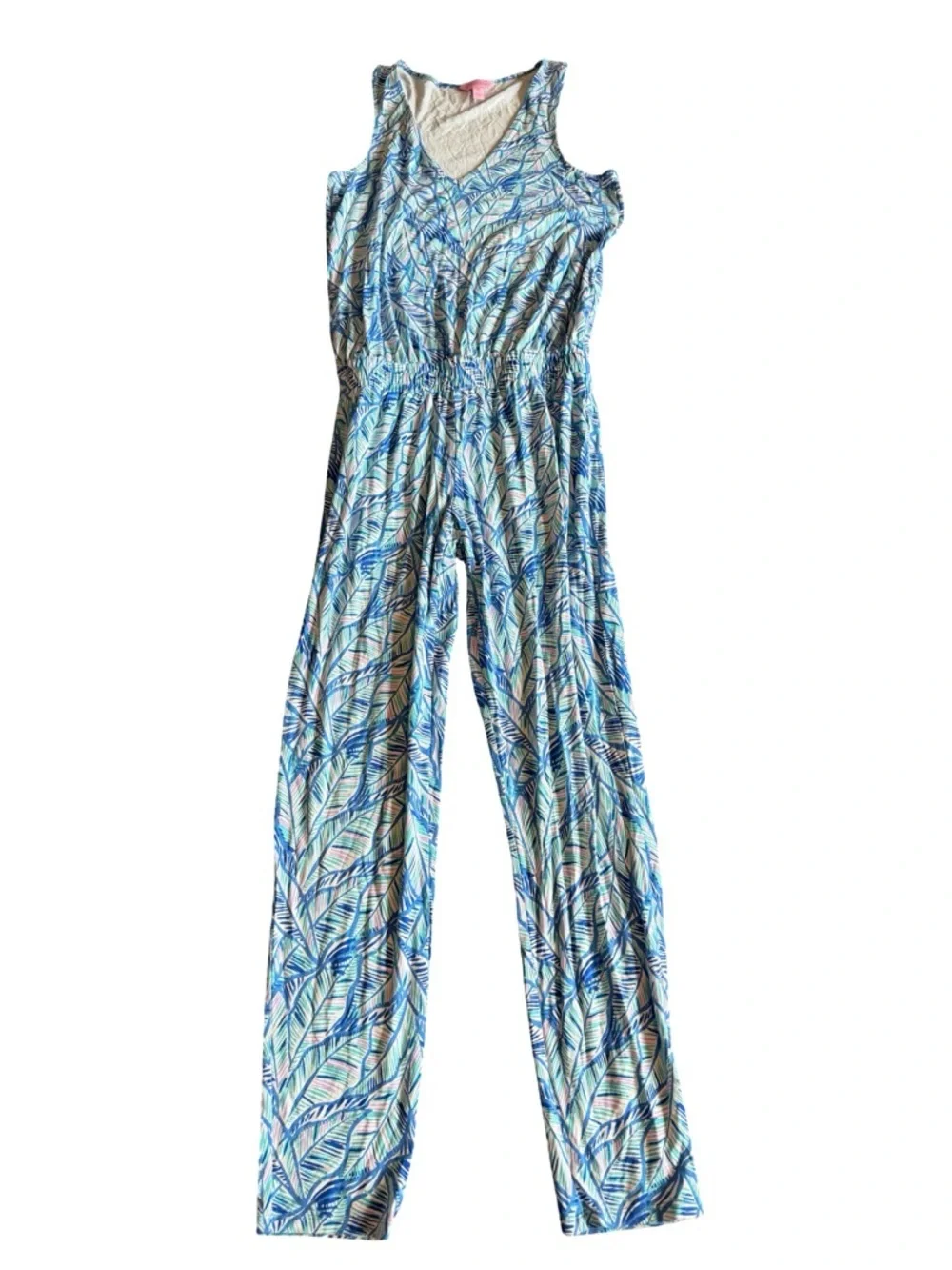 Lilly Pulitzer Paulina Jumpsuit Blue Lets Mango Leaf Stretch Tank Top Size XS